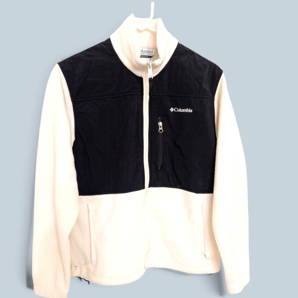 Columbia Womens M Ivory Fleece Jacket Black Nylon Yoke Full Zip XL6194